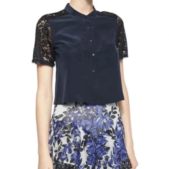 Rebecca Taylor Tops - REBECCA TAYLOR 100% Silk Dark Blue Navy Crop Top Lace Short Sleeve Size‎ 2